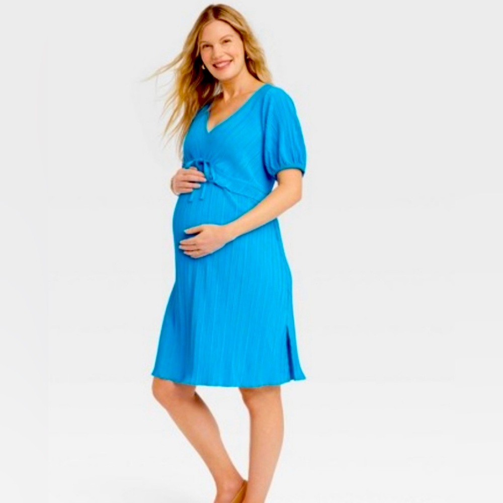 Ingrid & Isabel Short Sleeve Plisse Mini Maternity Empire Waist Dress ~ Blue